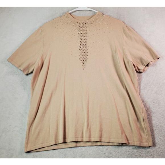 Alfred Dunner Blouse Top Women Large Tan Rhinestone Rayon Short Sleeve Crew Neck - Picture 1 of 7